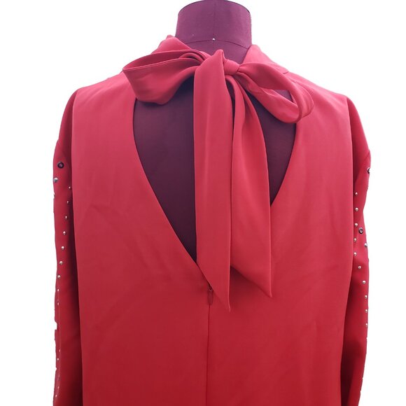 St John Couture Shift Dress Red Silk Long Sleeve Grommets Studs 16 - Picture 5 of 7